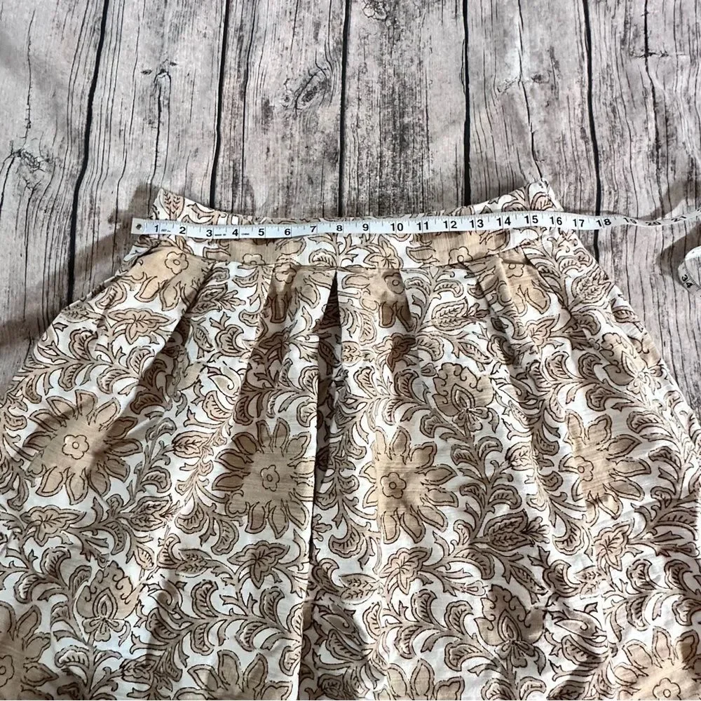 Talbots Cream and Brown Floral A-Line Cotton Skirt Size 8